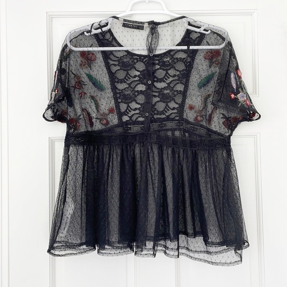 ZARA BASIC COLLECTION top size S black mesh shortsleeve embroidered babydoll - Picture 2 of 6